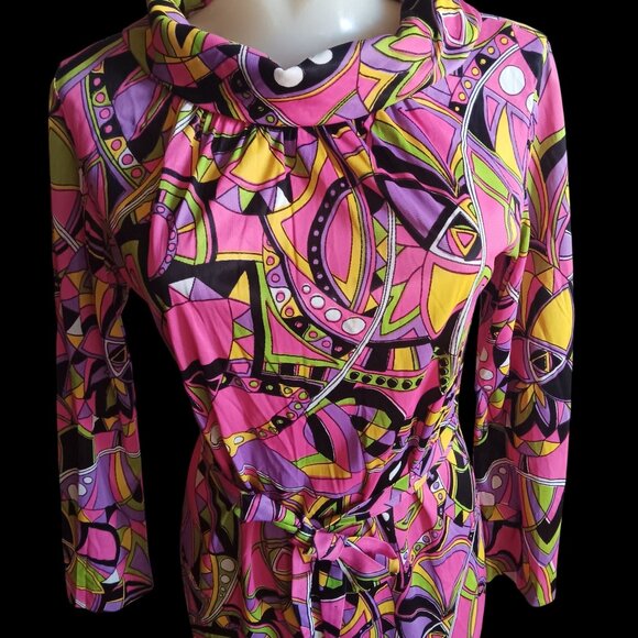 Vintage Women's 8/10 Med Dress 1960's Psychedelic Mod Garage Belted Cowl Neck - Picture 2 of 9
